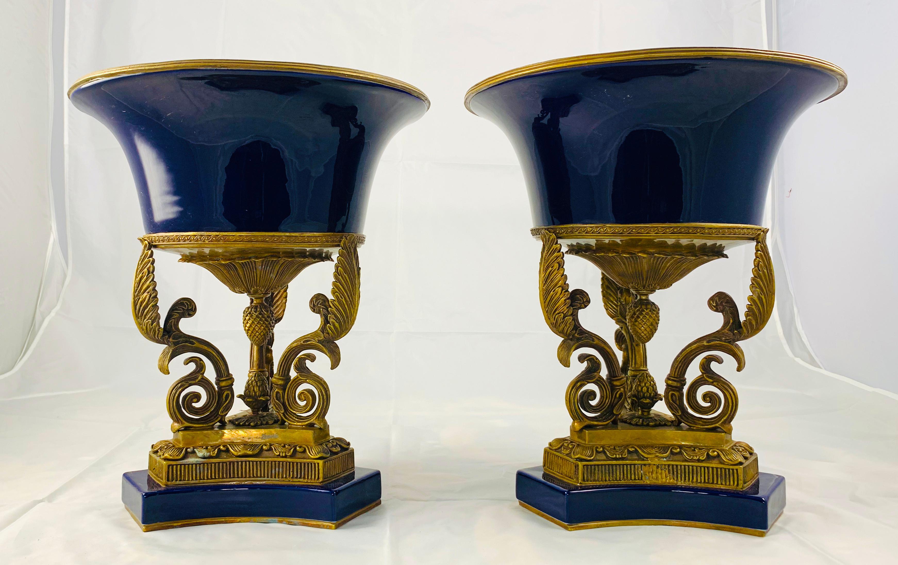 Hand-Crafted 20th Century Pair of Ormolu Mounted French Empire Bleu De Roi Porcelain Urns