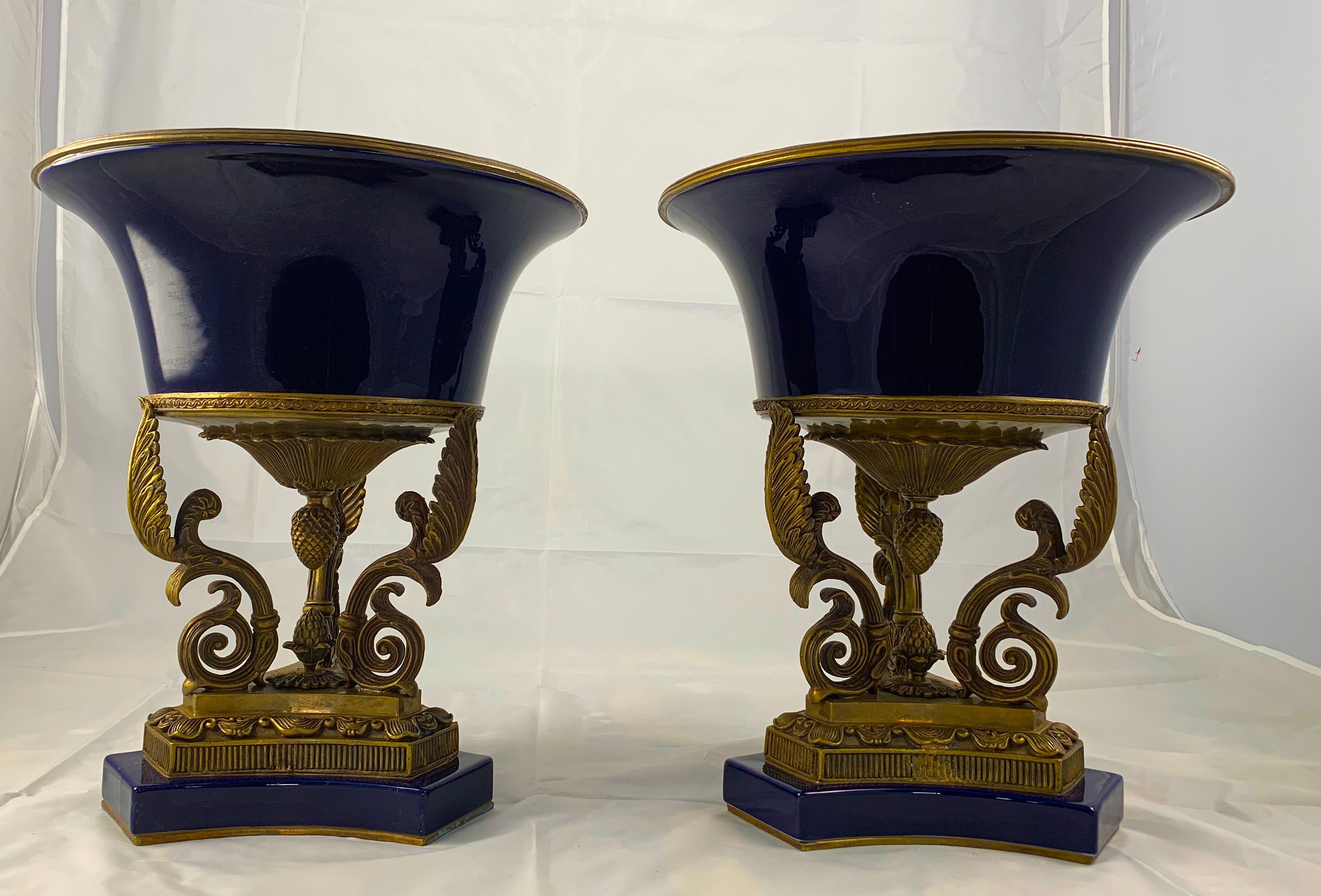 20th Century Pair of Ormolu Mounted French Empire Bleu De Roi Porcelain Urns In Excellent Condition In London, GB