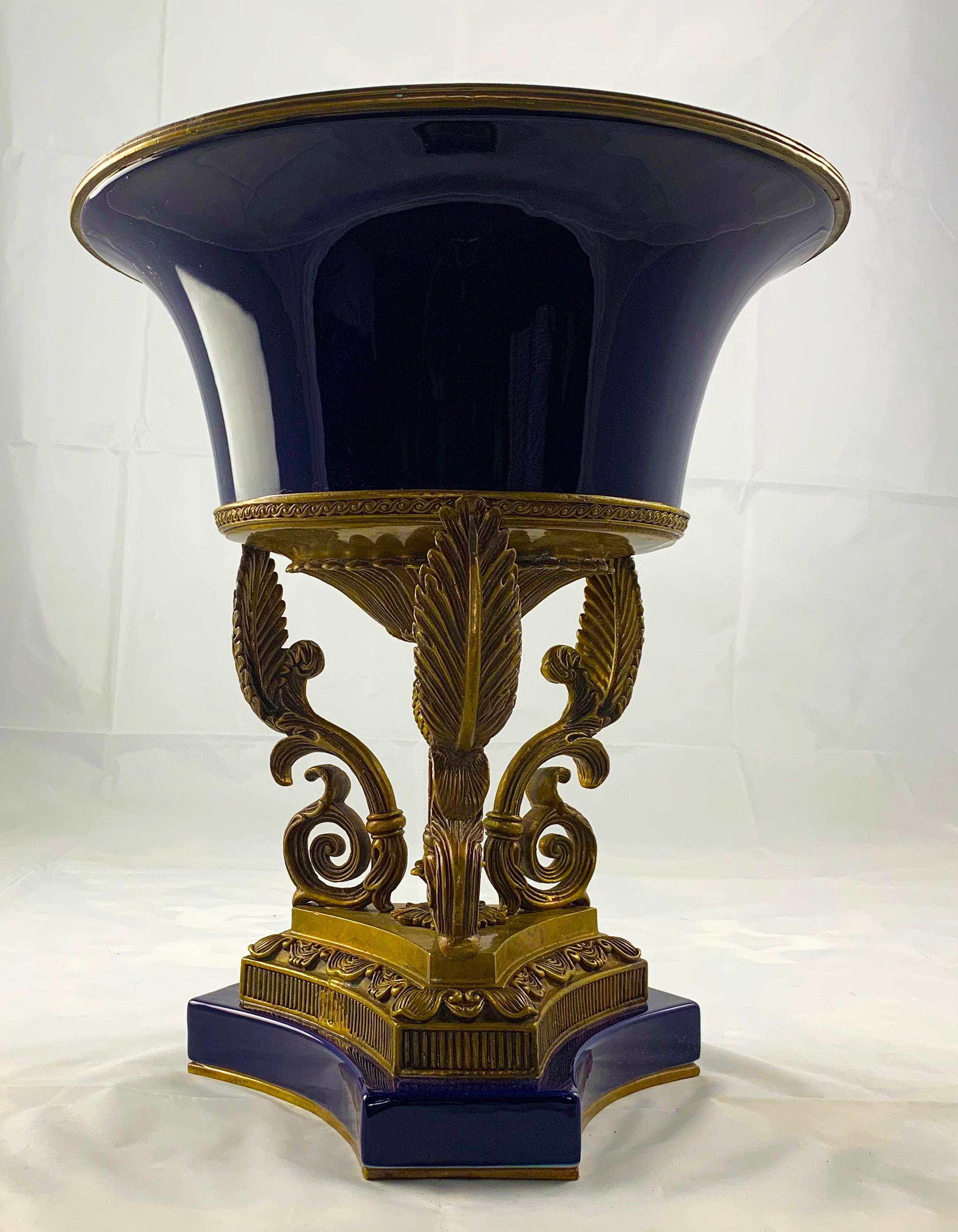 20th Century Pair of Ormolu Mounted French Empire Bleu De Roi Porcelain Urns 1