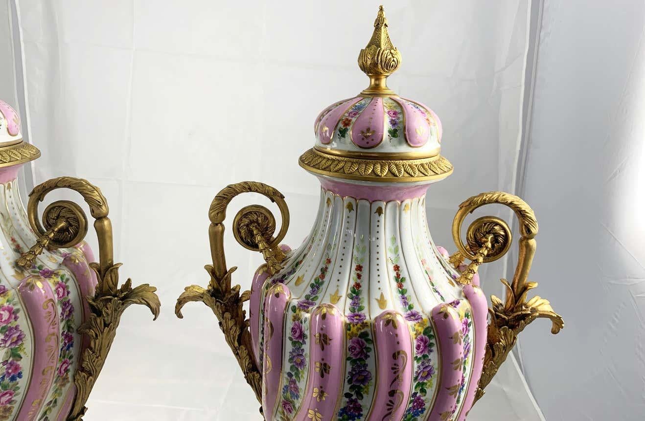 20th Century Pair of Ormolu Mounted Pink Sevres Style Vases with Lids For Sale 7