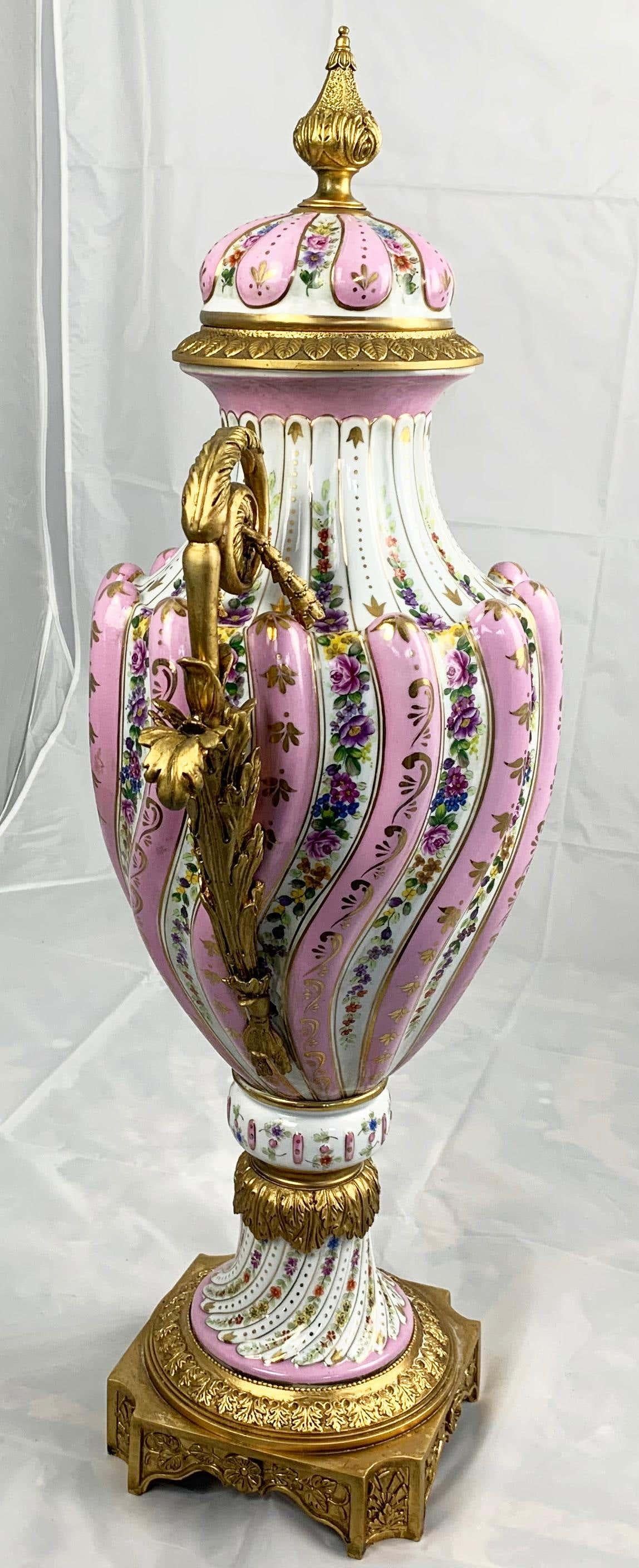 20th Century Pair of Ormolu Mounted Pink Sevres Style Vases with Lids For Sale 13