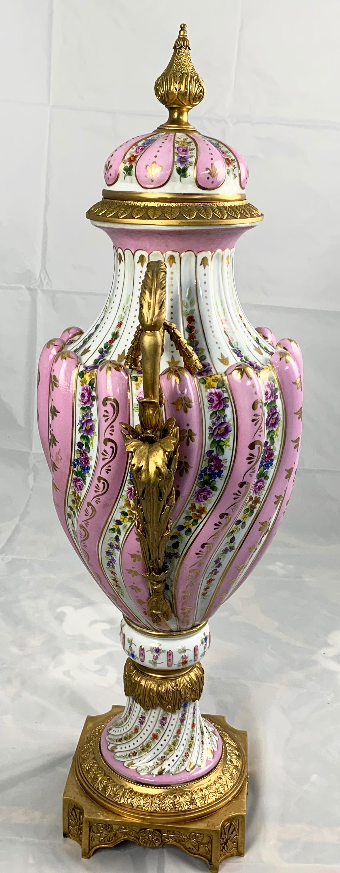 20th Century Pair of Ormolu Mounted Pink Sevres Vases with Lids For Sale 11