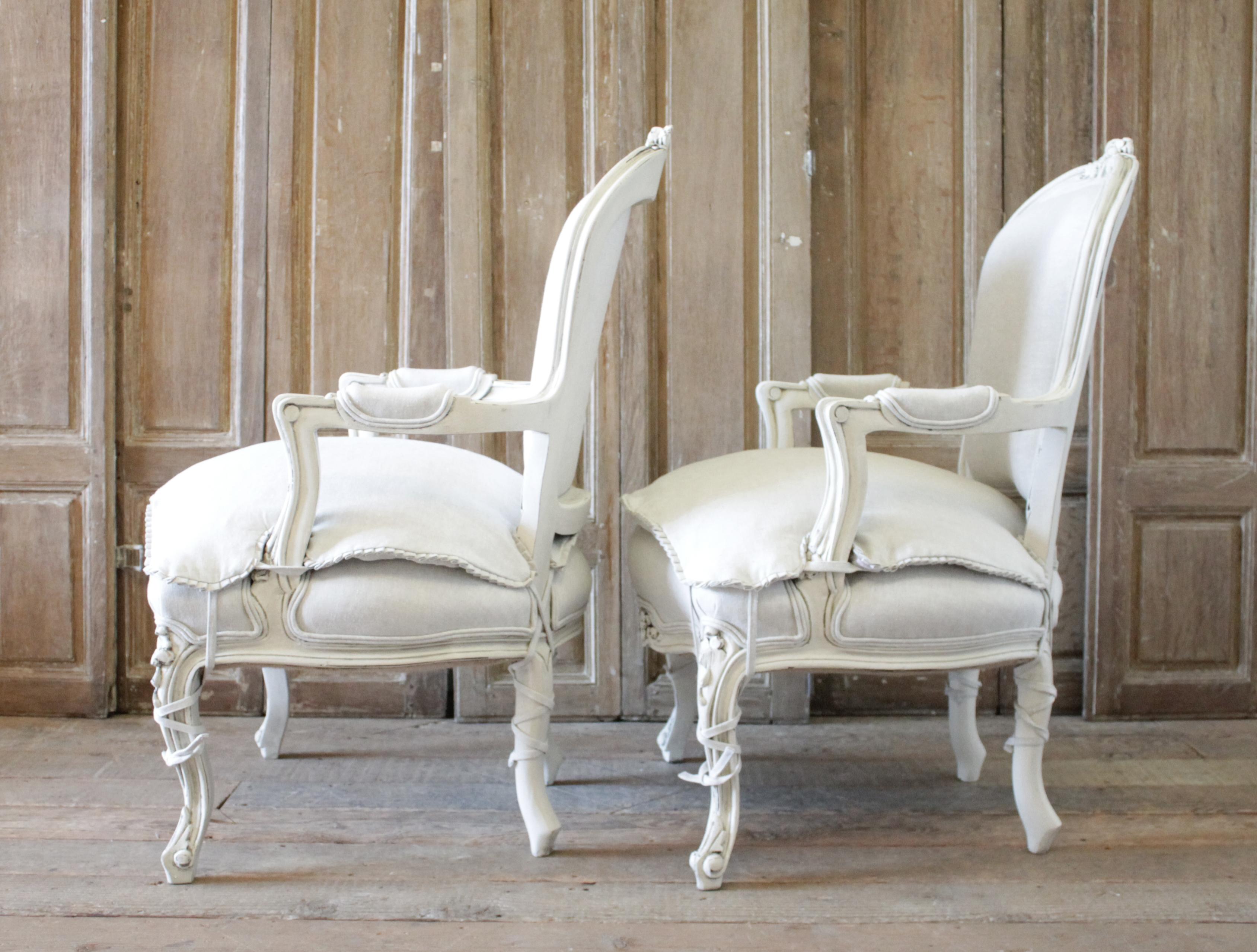 20th Century Pair of Painted and Upholstered Louis XV Style Open Armchairs 4