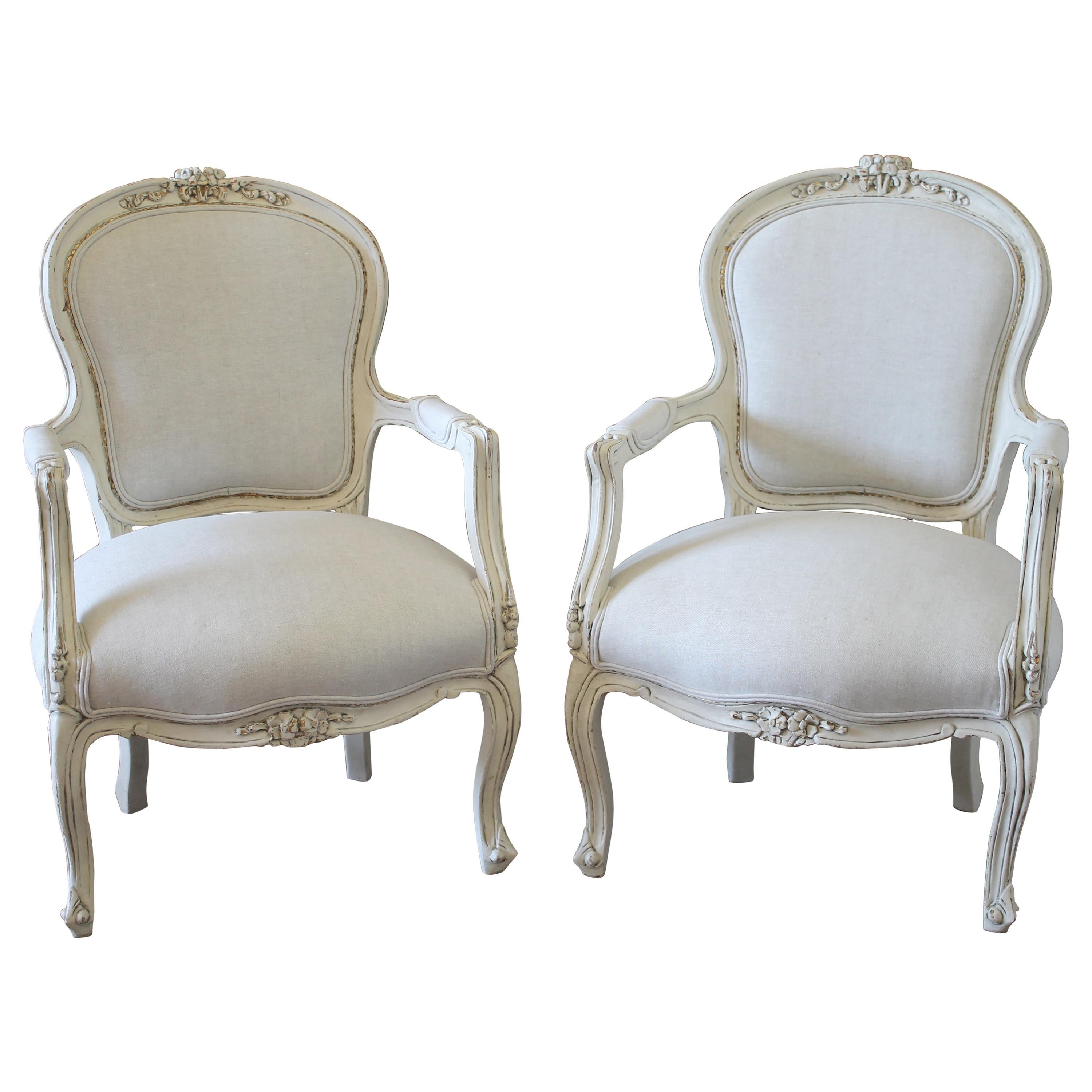 20th Century Pair of Painted and Upholstered Louis XV Style Open Armchairs
