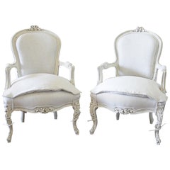 20th Century Pair of Painted and Upholstered Louis XV Style Open Armchairs