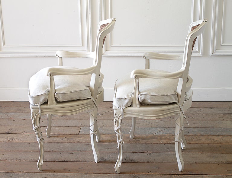 20th Century Pair of Painted Cane Back Open Armchairs with Linen