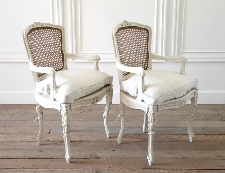 20th Century Pair of Painted Cane Back Open Armchairs with Linen