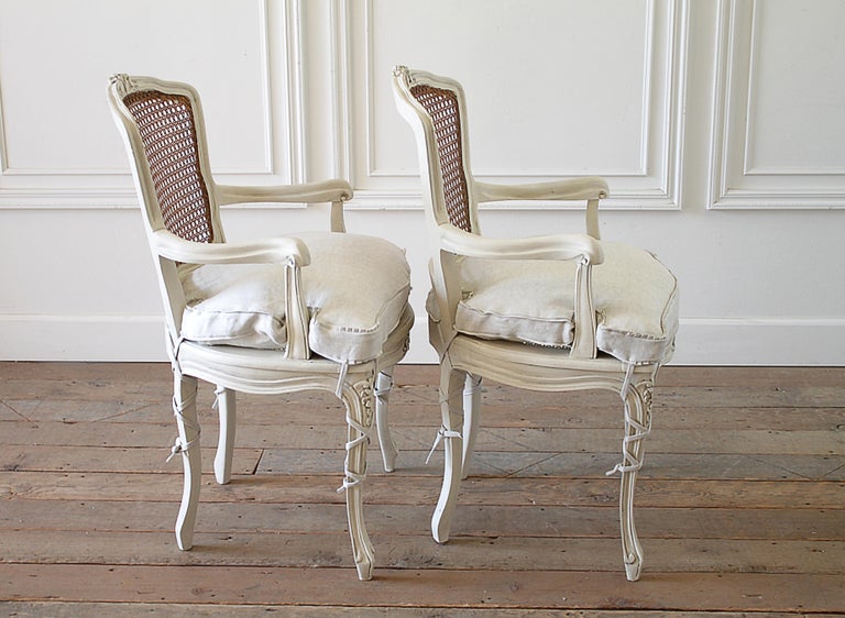 20th Century Pair of Painted Cane Back Open Armchairs with Linen