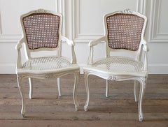20th Century Pair of Painted Cane Back Open Armchairs with Linen Slipcovers