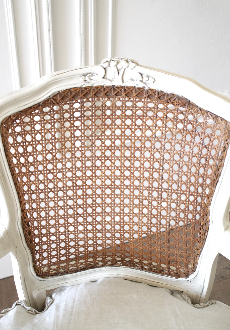 20th Century Pair of Painted Cane Back Open Armchairs with Linen