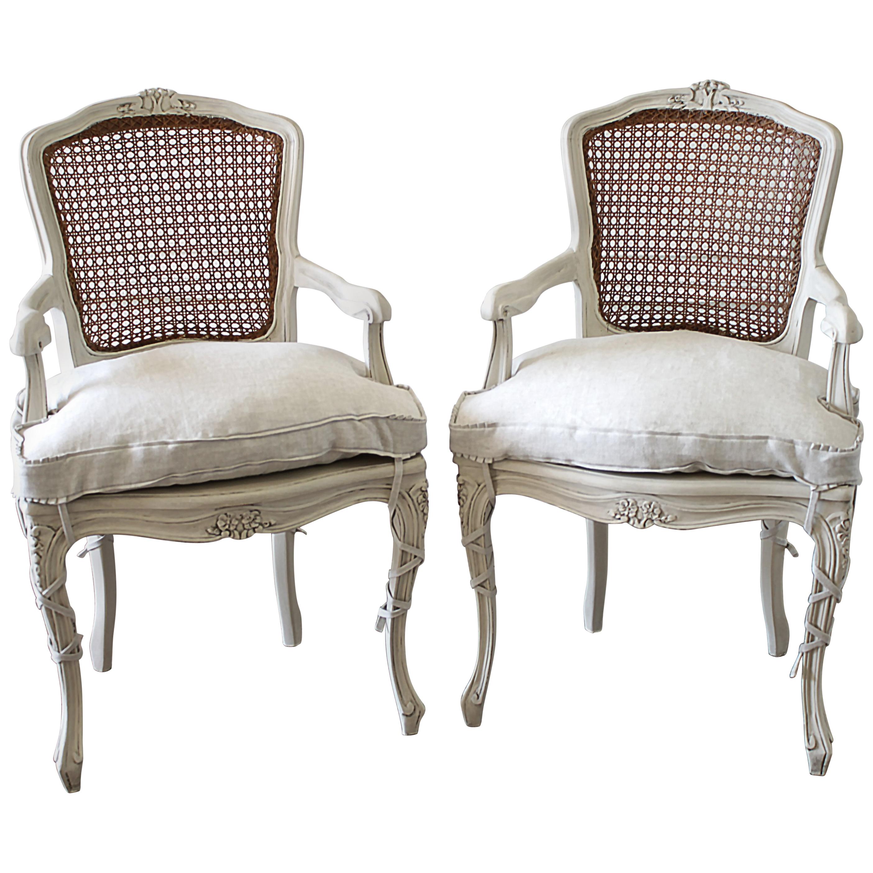 20th Century Pair of Painted Cane Back Open Armchairs with Linen Slipcovers