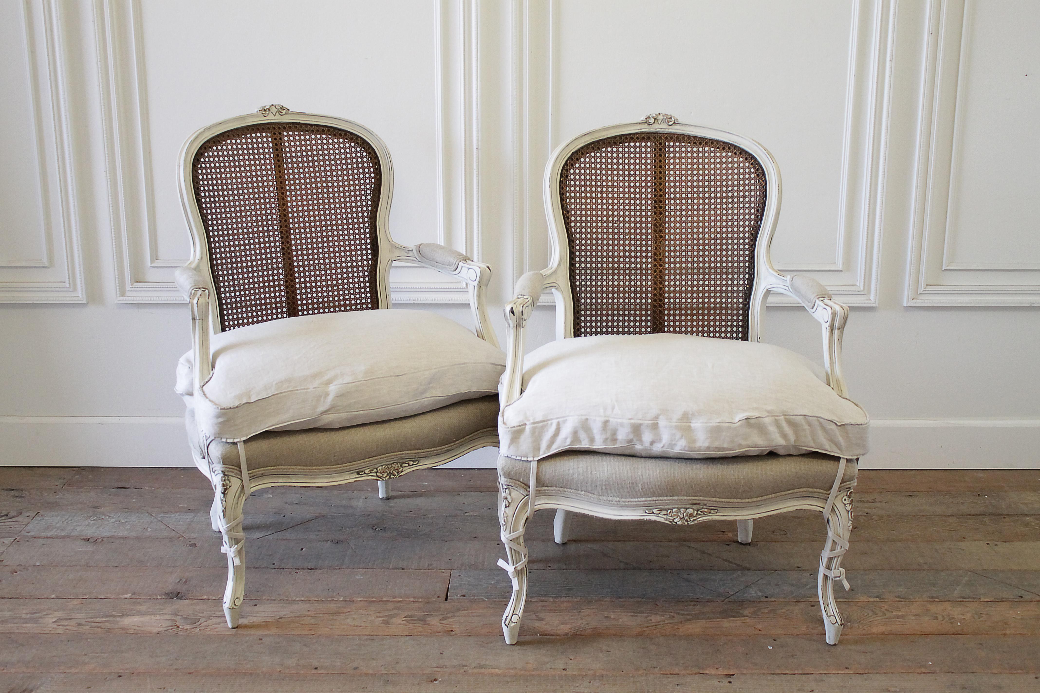 20th Century Pair of Painted Louis XV Style Painted Cane Back Chairs 10