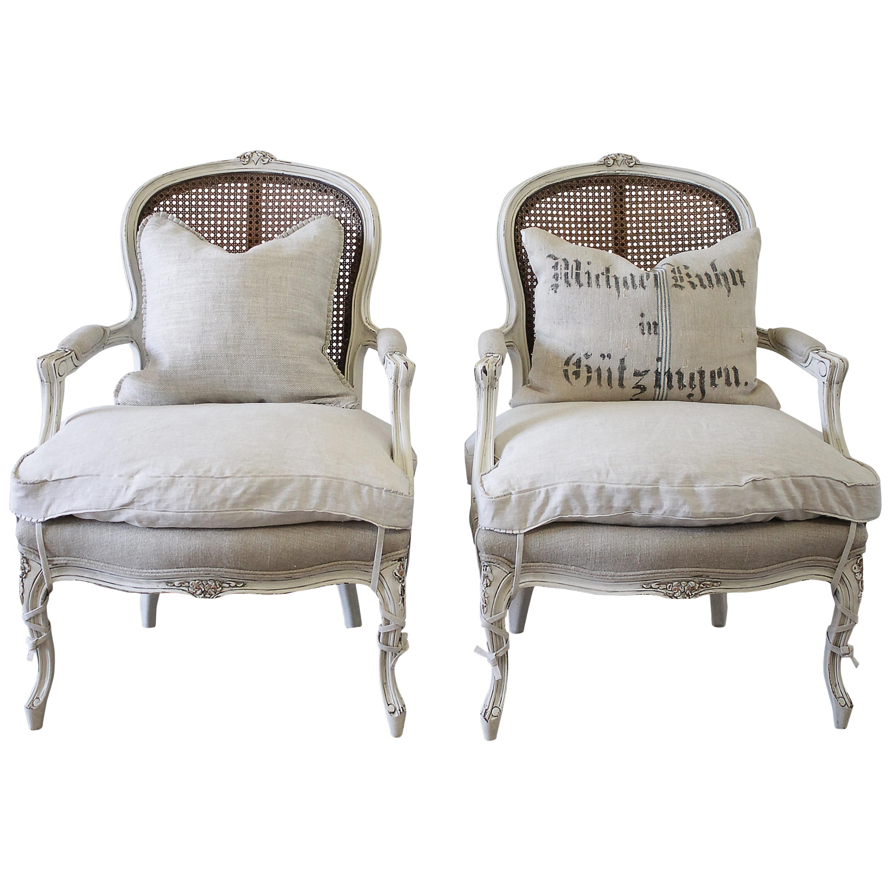 20th Century Pair of Painted Louis XV Style Painted Cane Back Chairs