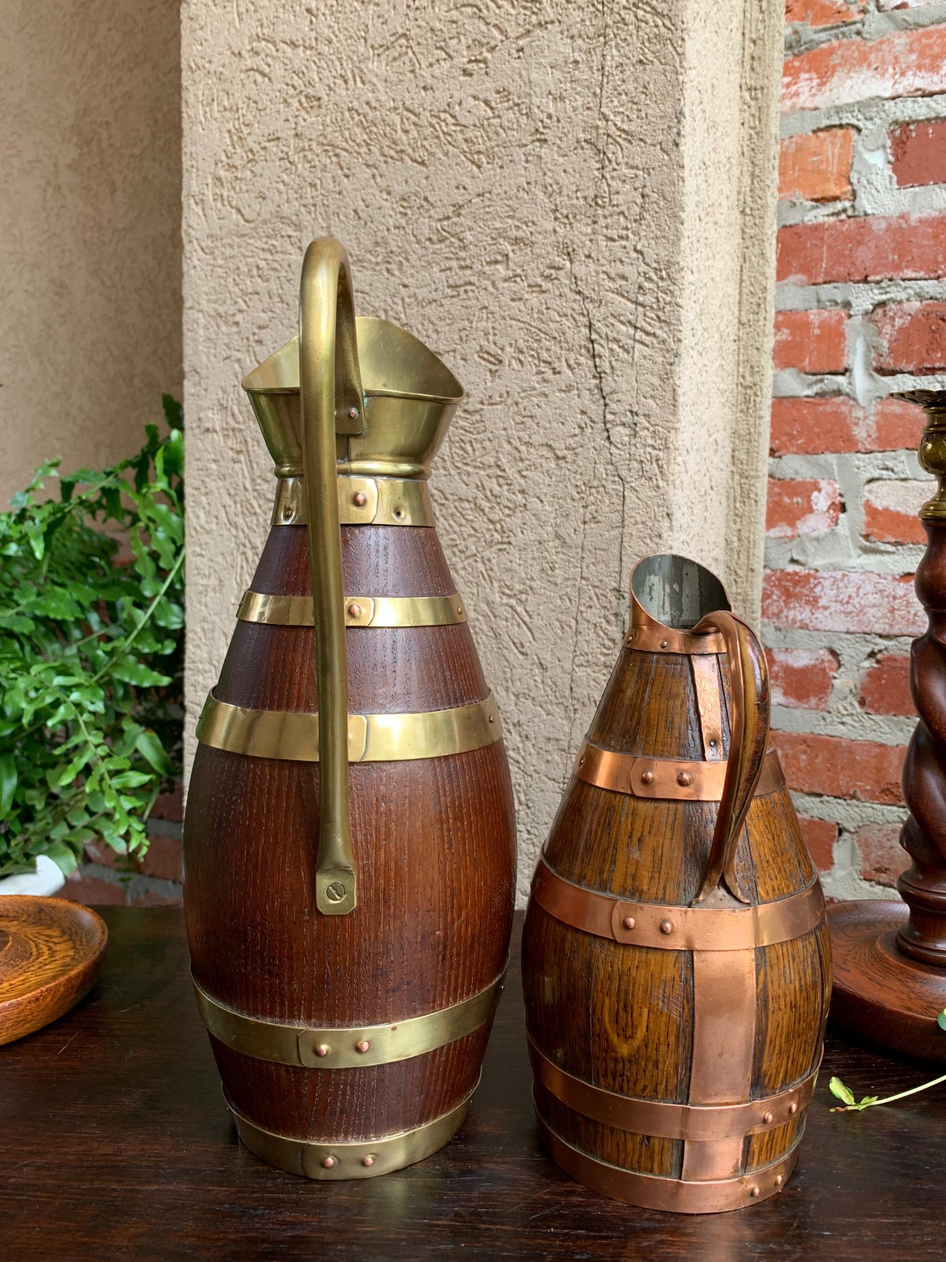 Antique Pair Petite French Oak Jug Wine Tankard Pitcher Vessel w Brass Copper 2 4