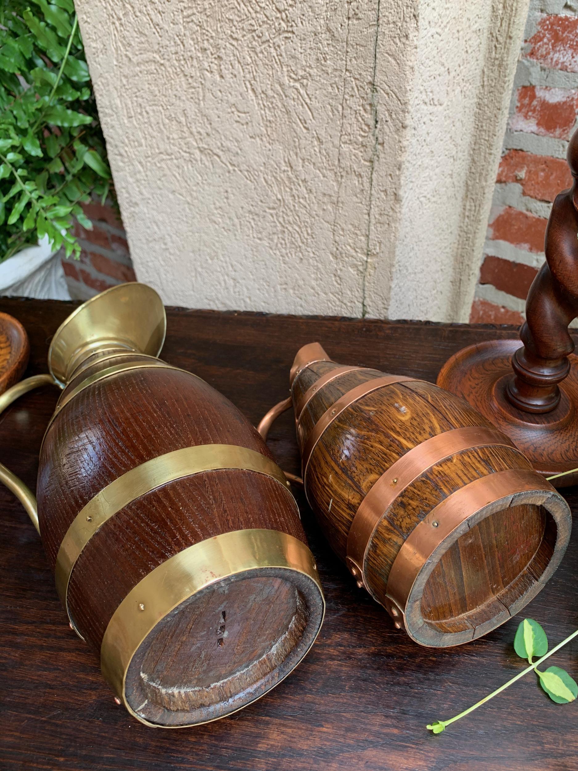 Antique Pair Petite French Oak Jug Wine Tankard Pitcher Vessel w Brass Copper 2 6