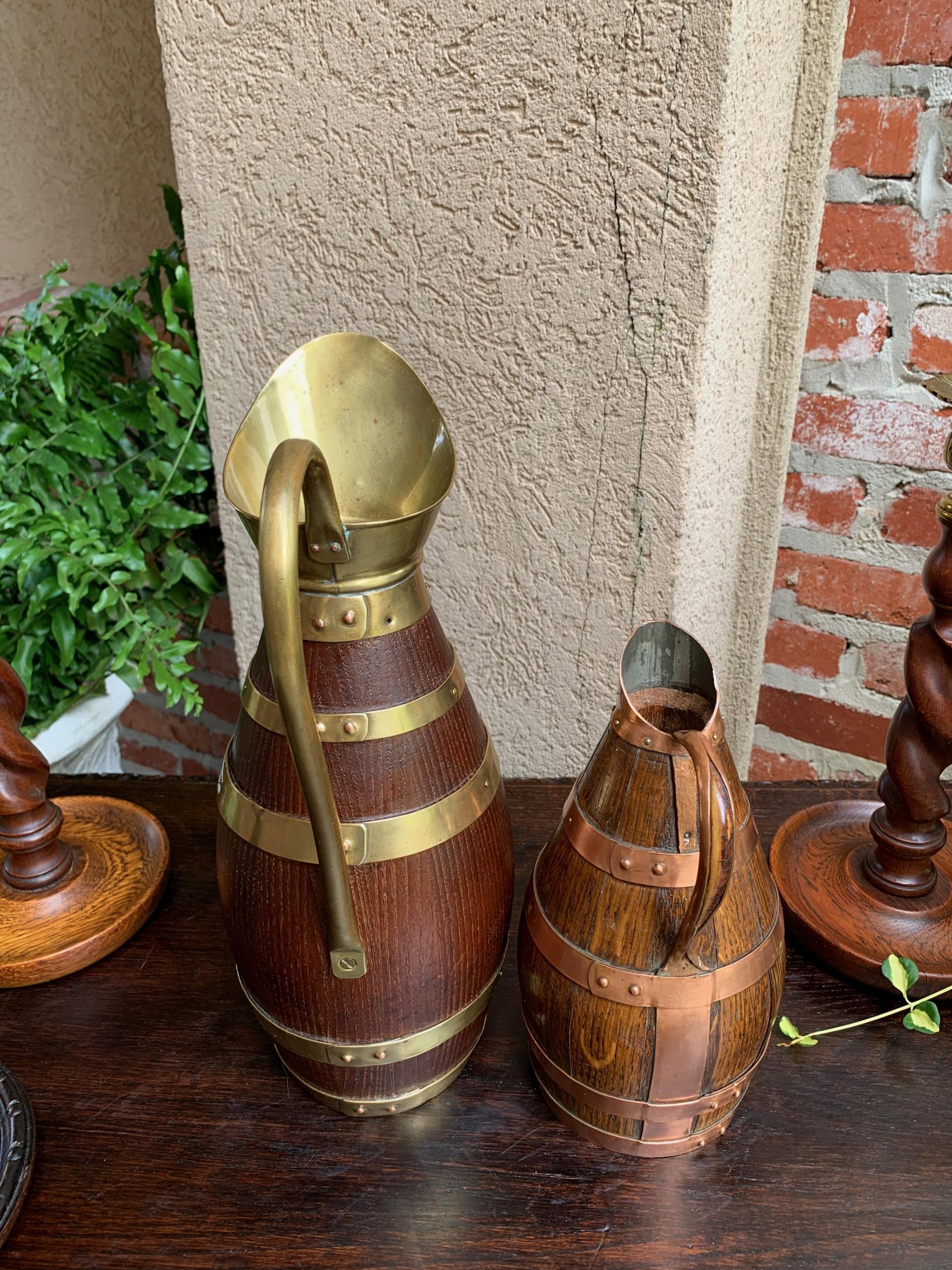 Antique Pair Petite French Oak Jug Wine Tankard Pitcher Vessel w Brass Copper 2 12