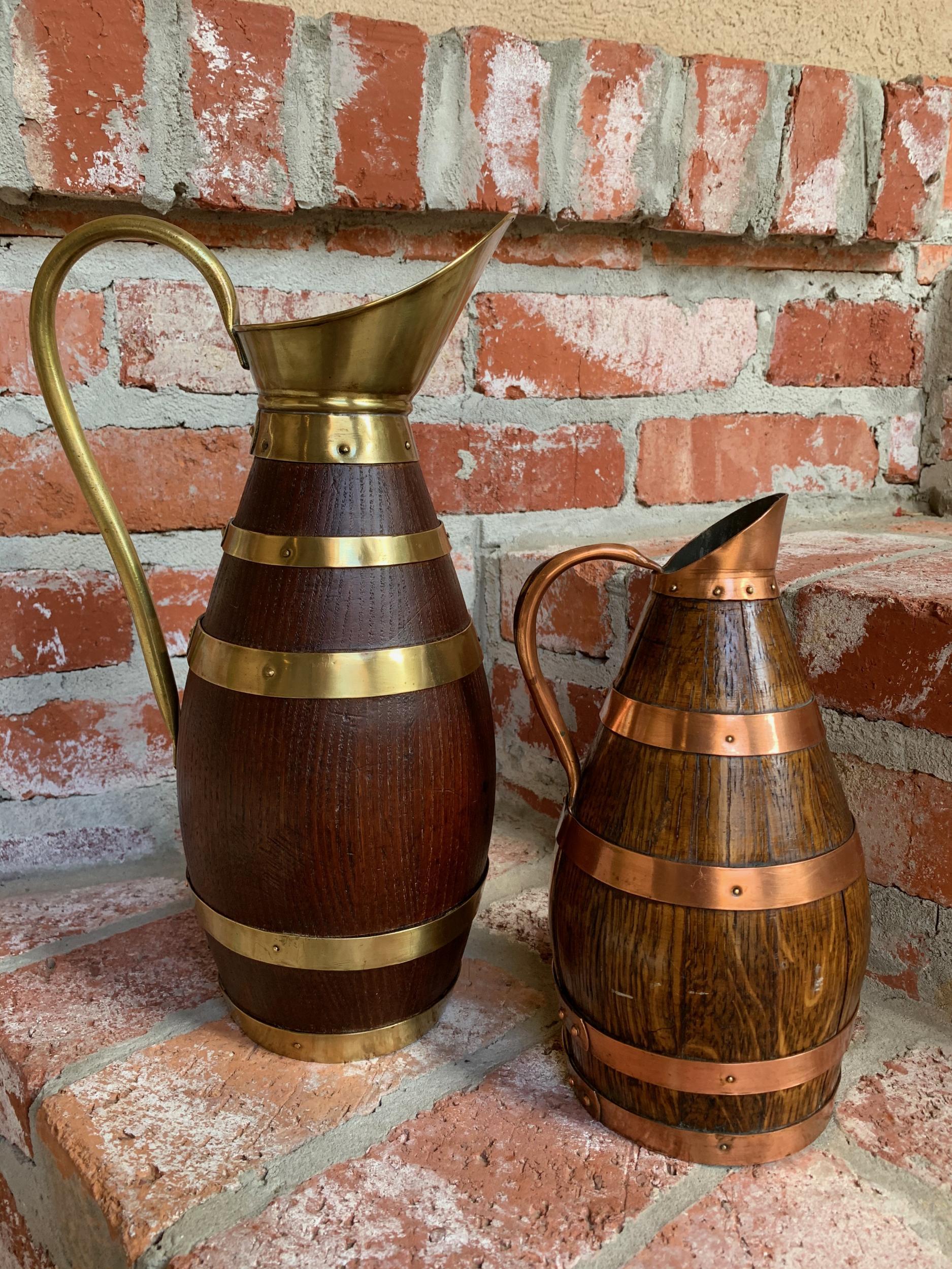 French Provincial Antique Pair Petite French Oak Jug Wine Tankard Pitcher Vessel w Brass Copper 2