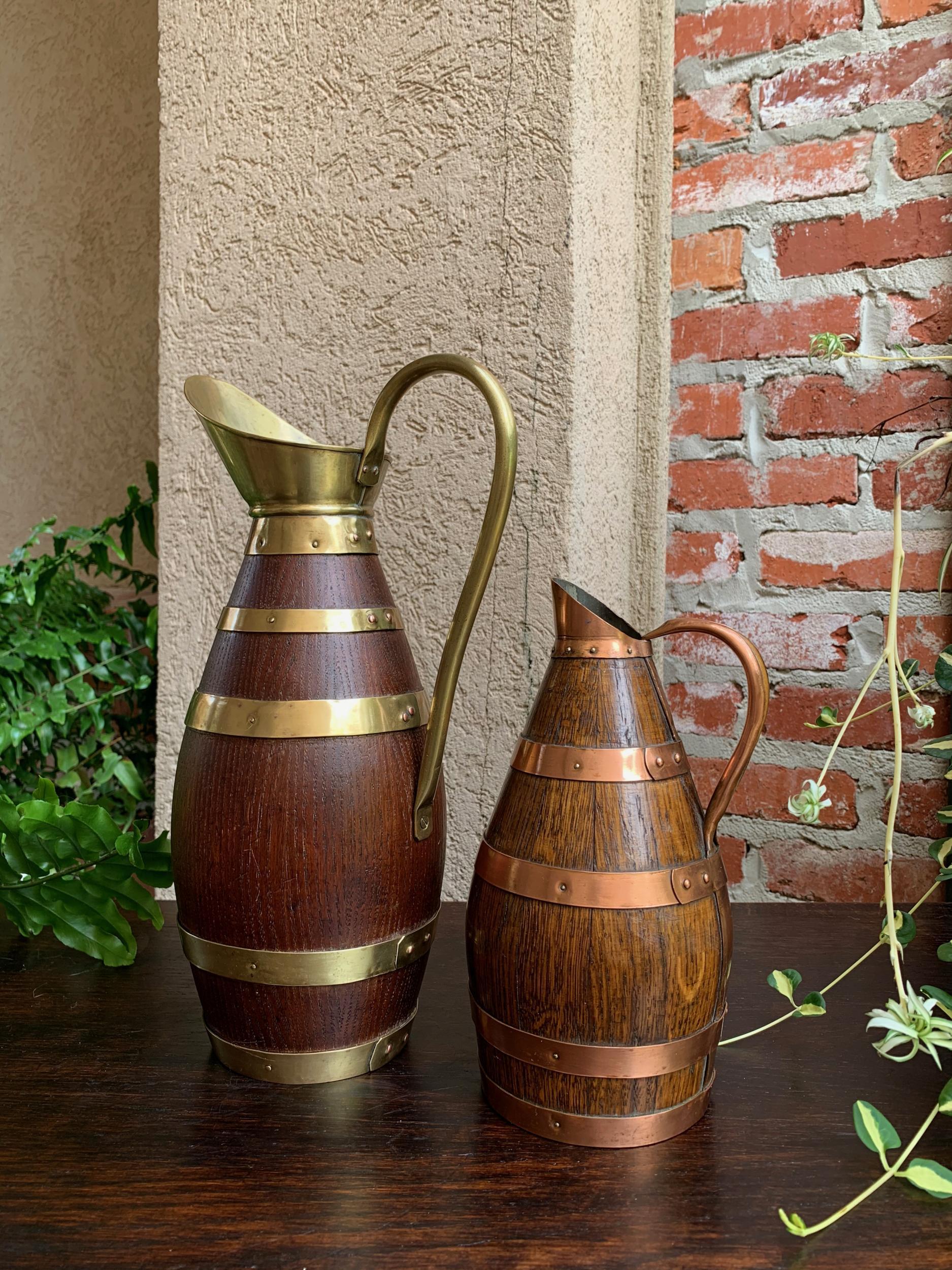 Early 20th Century Antique Pair Petite French Oak Jug Wine Tankard Pitcher Vessel w Brass Copper 2