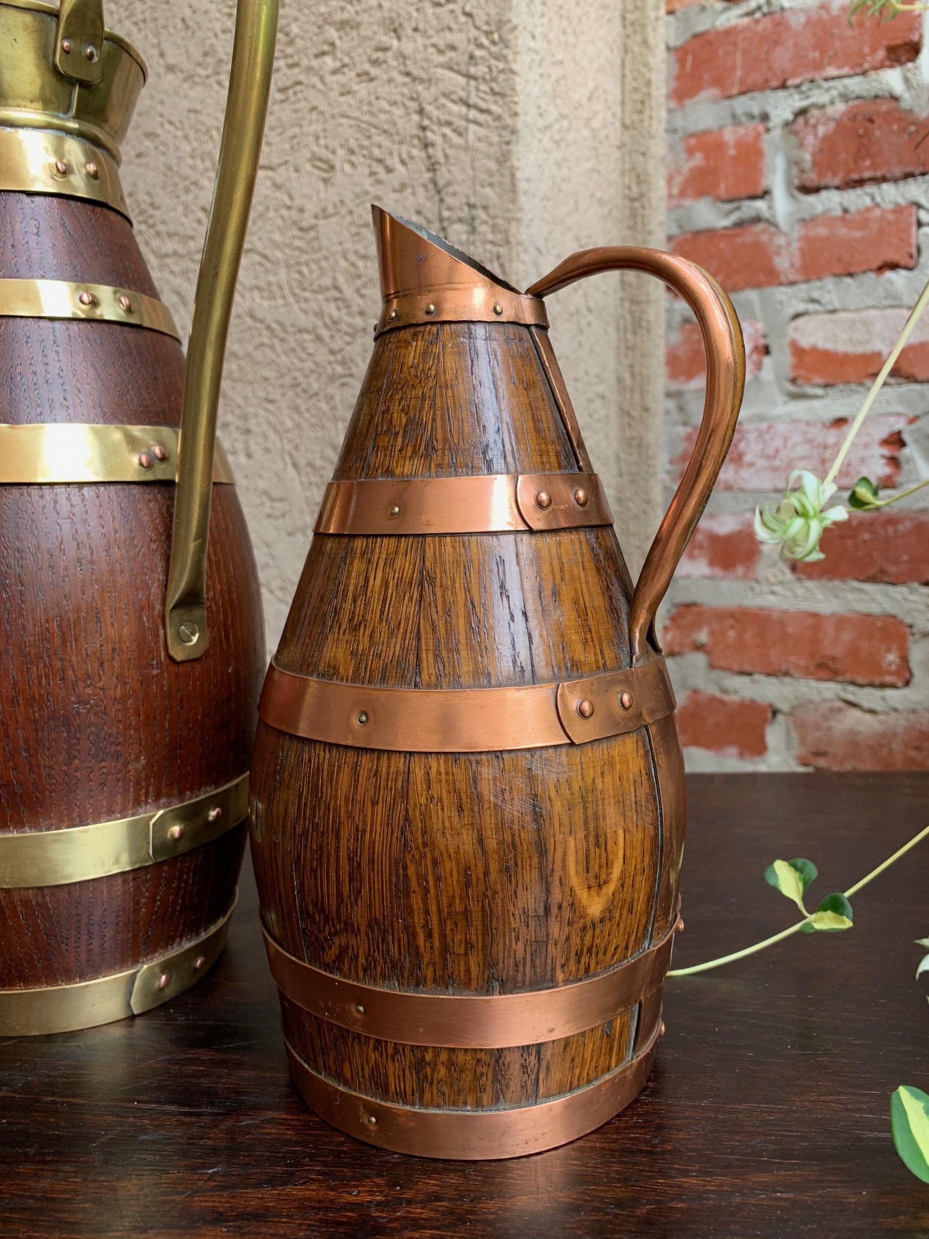 Antique Pair Petite French Oak Jug Wine Tankard Pitcher Vessel w Brass Copper 2 3