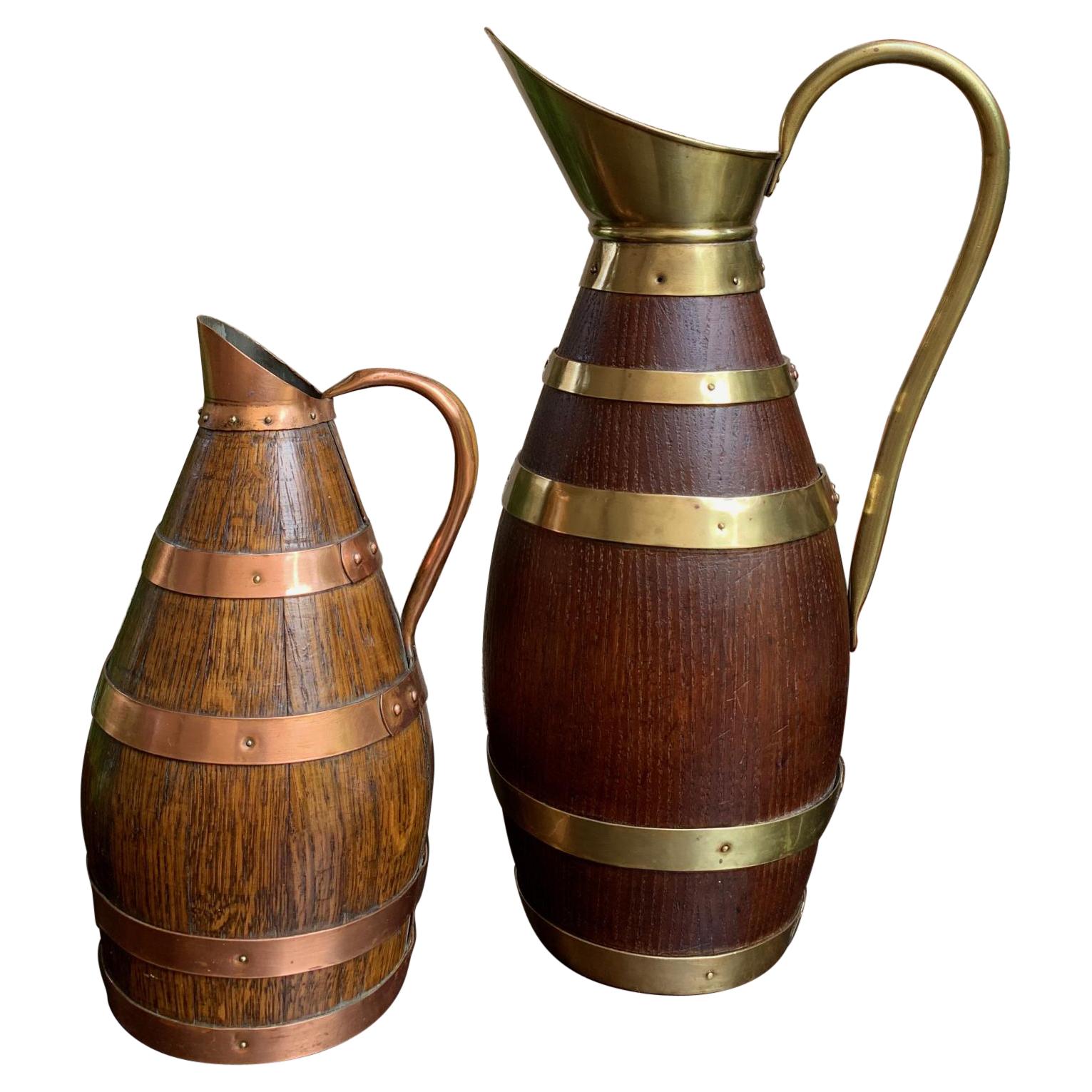 Antique Pair Petite French Oak Jug Wine Tankard Pitcher Vessel w Brass Copper 2