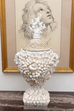 20th Century Pair of Porcelain Shell-Encrusted Lidded Urns (Pair Available)