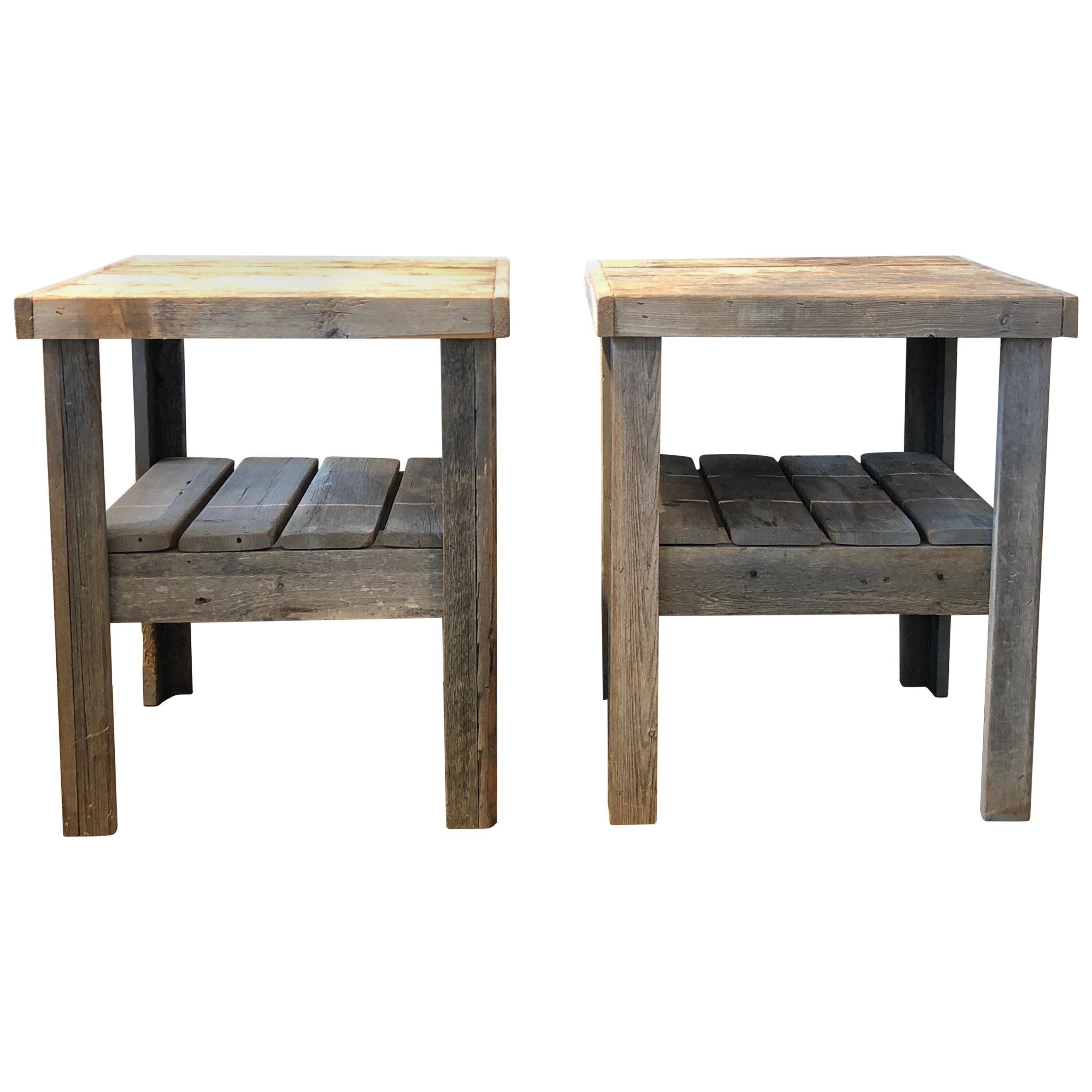 20th Century Pair of Primitive Wood Side Tables