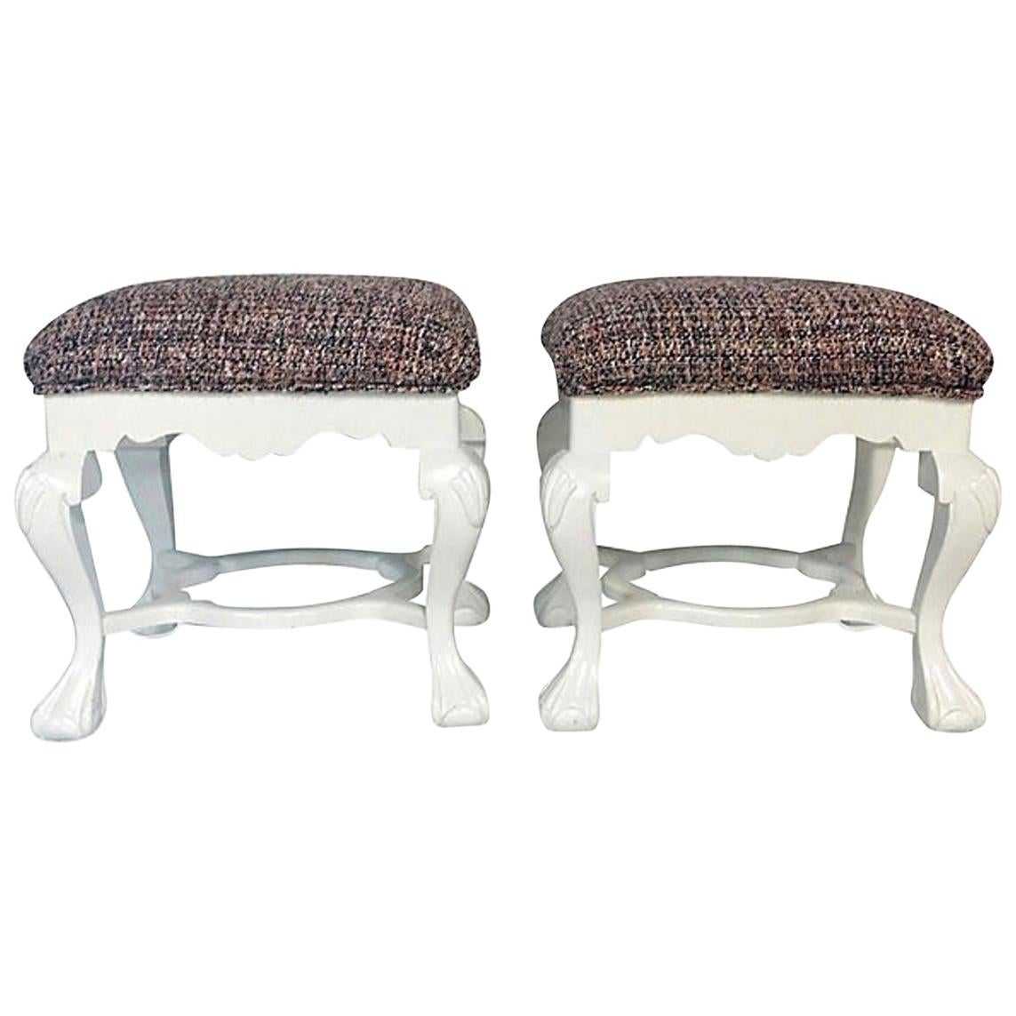 Early 20th century Queen Anne style, finely carved white lacquered mahogany ball, claw and shell motif benches. Newly upholstered in a vintage Chanel style boucle fully lined upholstery fabric .The Boucle upholstery grade fabric is a silk and wool