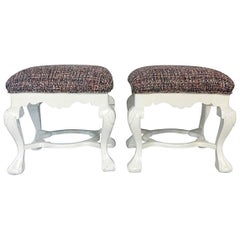 20th Century Pair of Queen Anne Style Mahogany Boucle Upholstered Benches