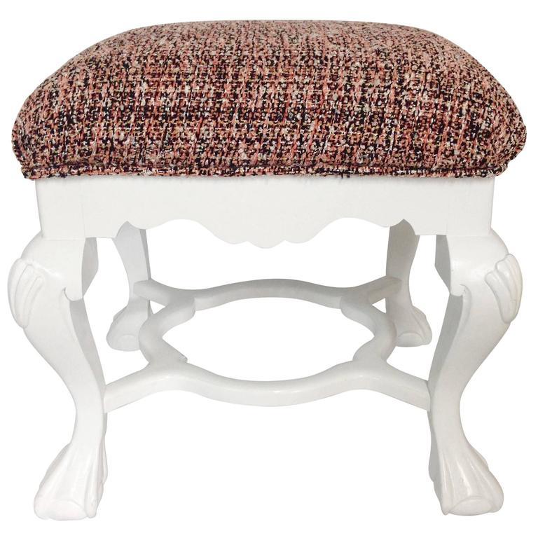 Early 20th Century Queen Anne Style, finely carved white gloss lacquered mahogany ball, claw & shell motif benches newly upholstered in a vintage Chanel style boucle upholstery fabric. Vintage Chanel boucle fabric is a silk and wool blend with