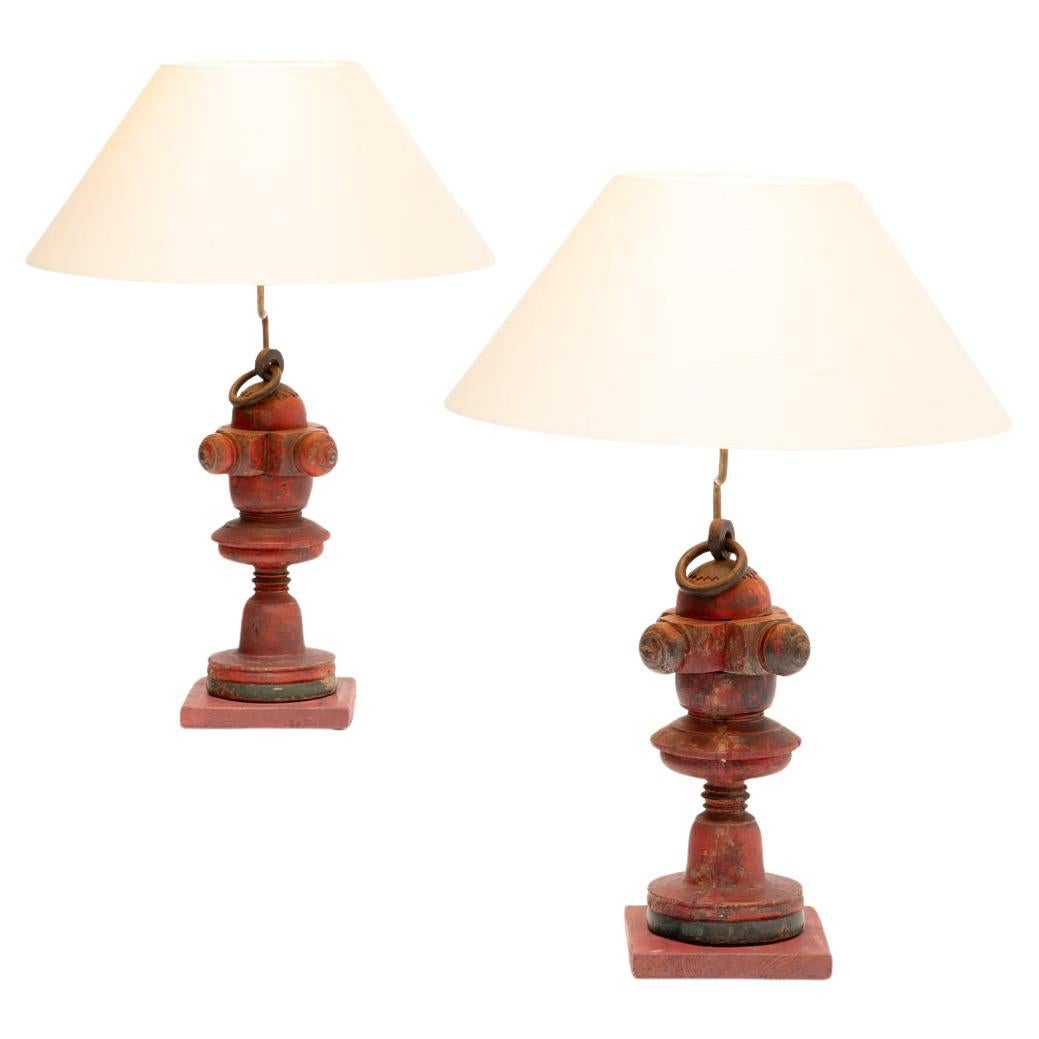 20th Century Pair of Red Wooden Lamps