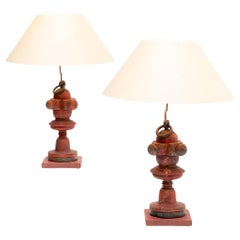 Vintage 20th Century Pair of Red Wooden Lamps