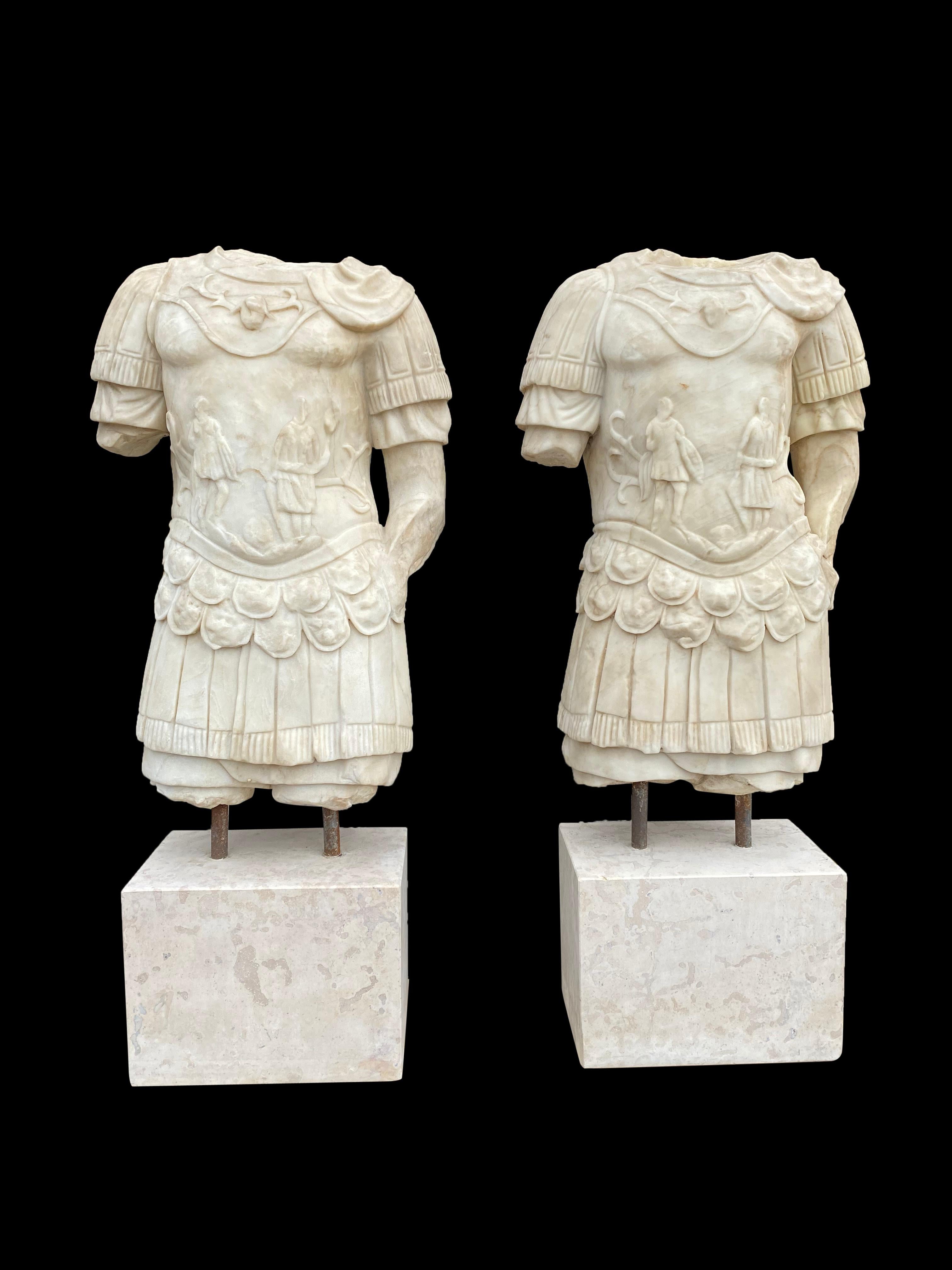 A pair of hand carved 20th century pair of Roman Emperors Torso’s. The torso is carved from weathered statutory marble on a travertine base.

One of the most striking objects on display in the Mary and Michael Jaharis Galleries of Greek, Roman,