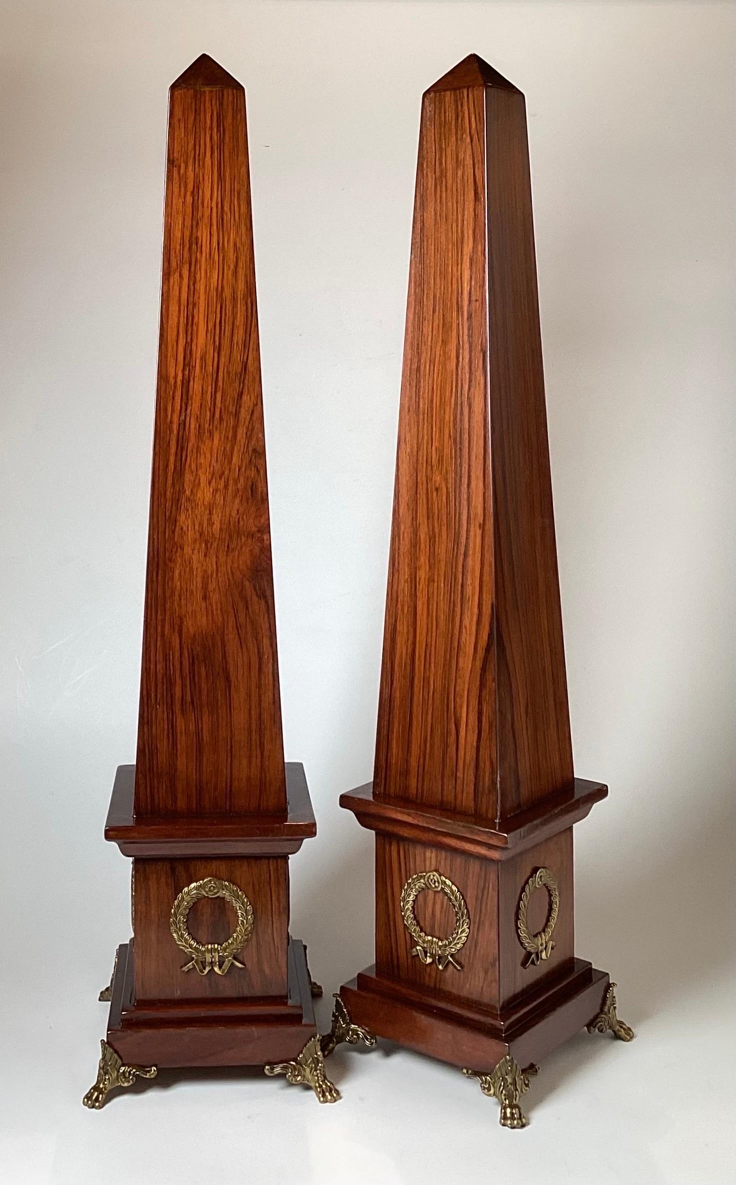 20th Century Pair of Rosewood Obelisks with Decorative Brass Mounts and Feet In Excellent Condition In Lambertville, NJ