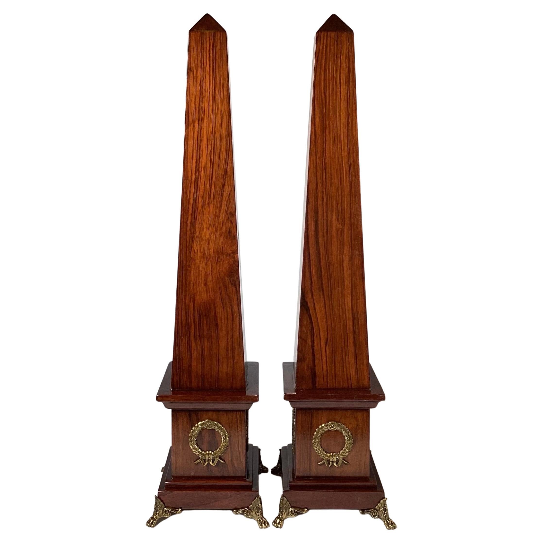 20th Century Pair of Rosewood Obelisks with Decorative Brass Mounts and Feet