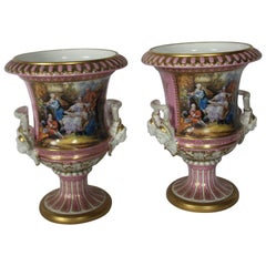 20th Century Pair of Sevres Porcelain Urns, Campana Shaped, Gilt Decoration