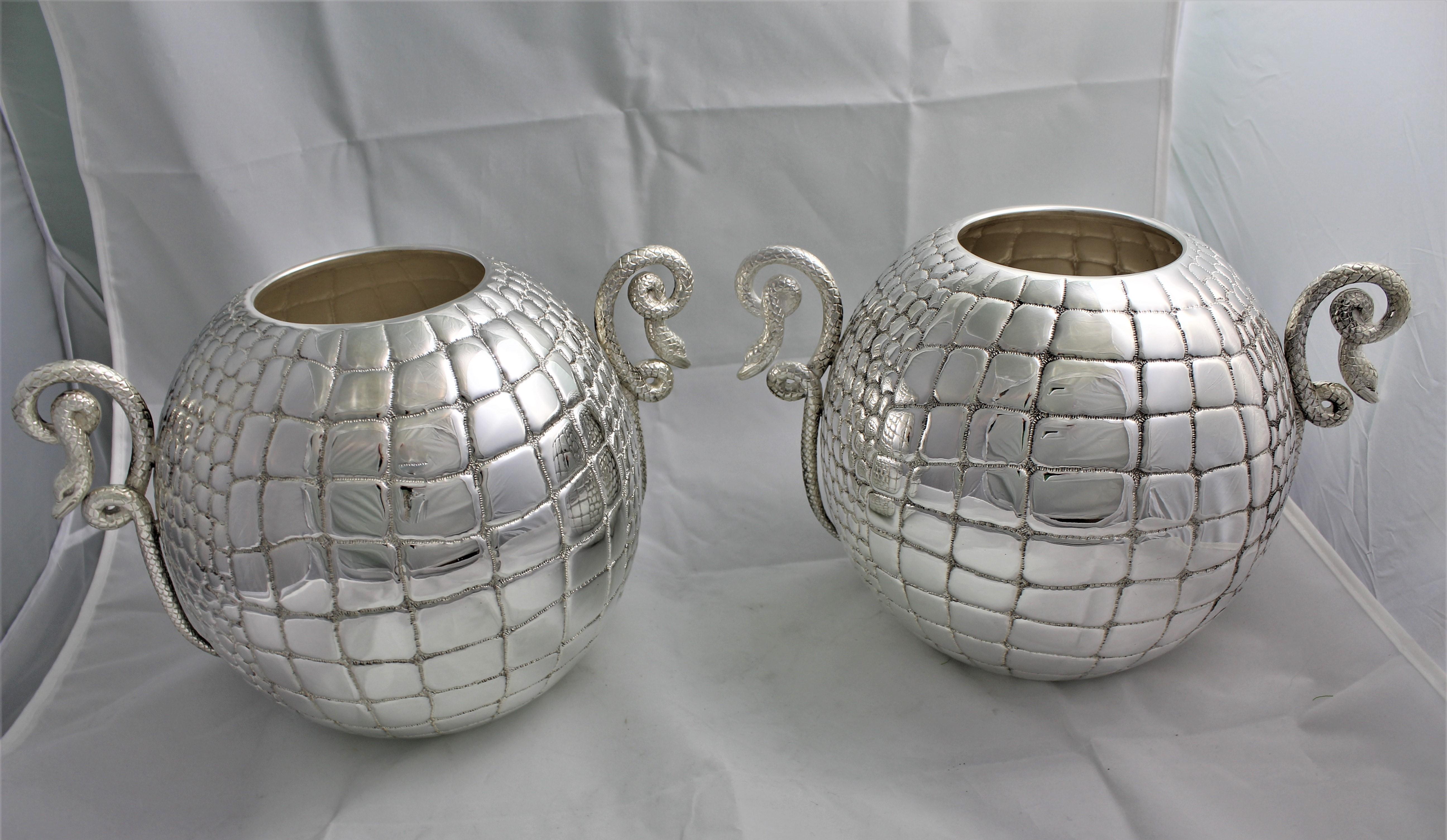 Art Deco 20th Century Pair of Silver Engraved Wine Cooler Animalier Italy, 1950s For Sale