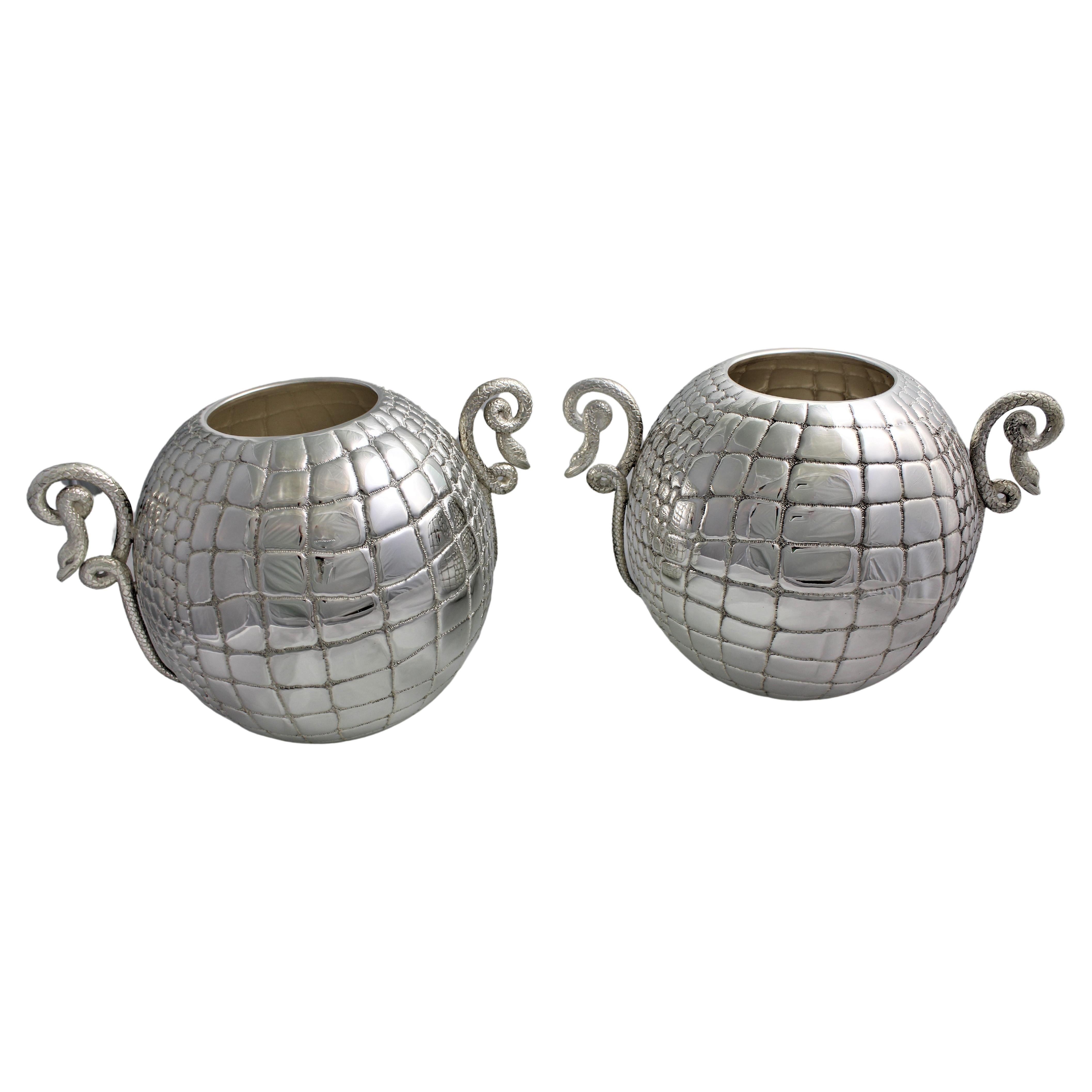 20th Century Pair of Silver Engraved Wine Cooler Animalier Italy, 1950s For Sale