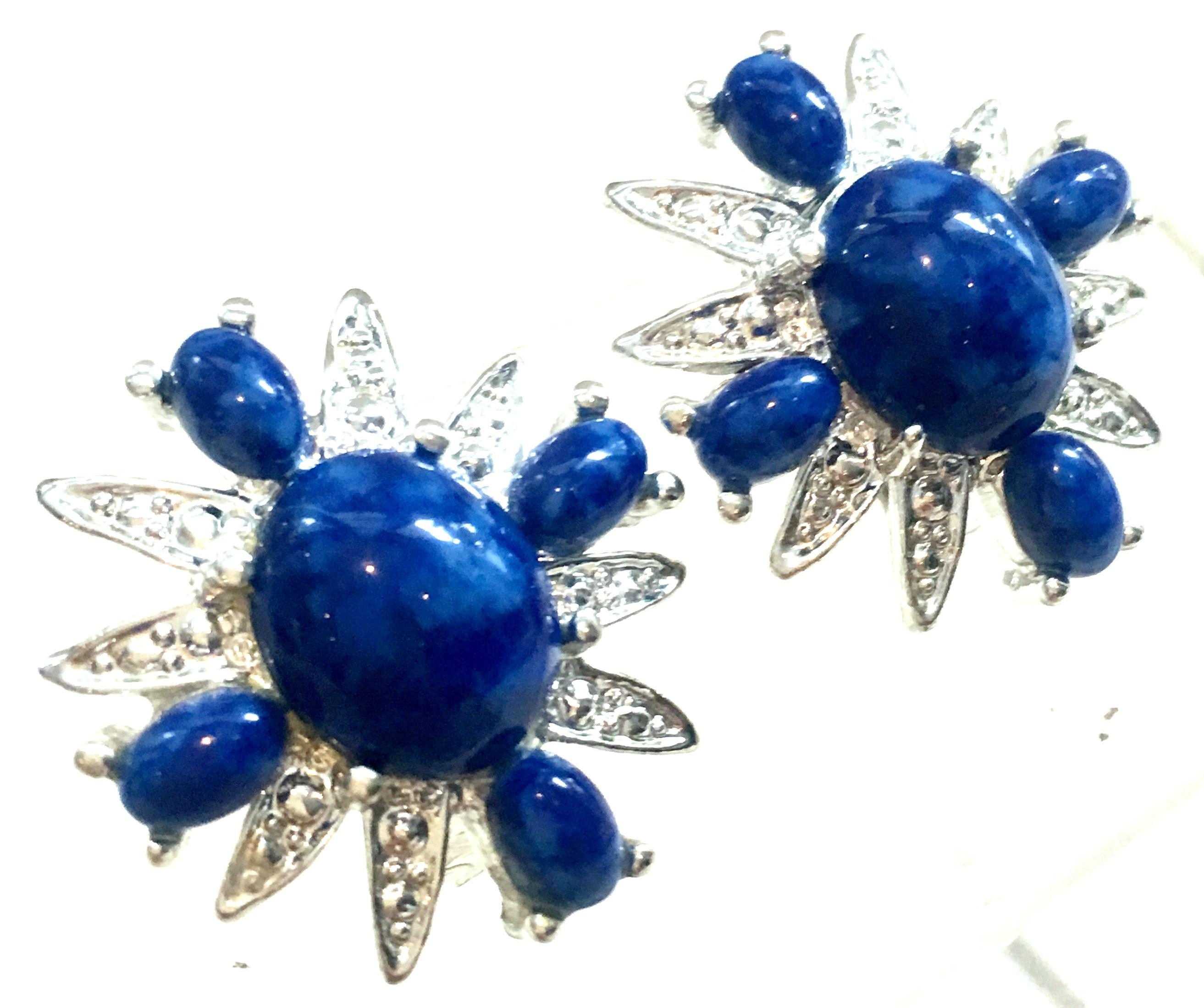 Women's or Men's 20th Century Pair Of Silver & Faux Lapis Lazuli Maltese Earrings By Coventry