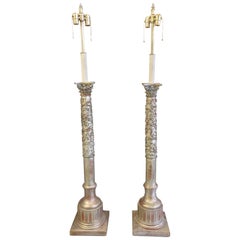 20th Century Pair of Silver Giltwood Column Floor Lamps