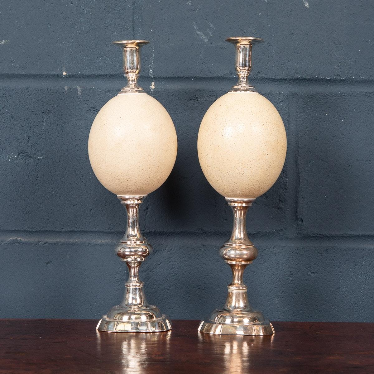 British 20th Century Pair of Silver Plated Candlesticks with Ostrich Egg Body, England