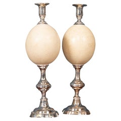  20th Century Pair Of Silver Plated Candlesticks With Ostrich Egg Body, England