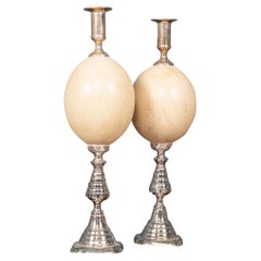 20th Century Pair of Silver Plated Candlesticks with Ostrich Egg Body, England