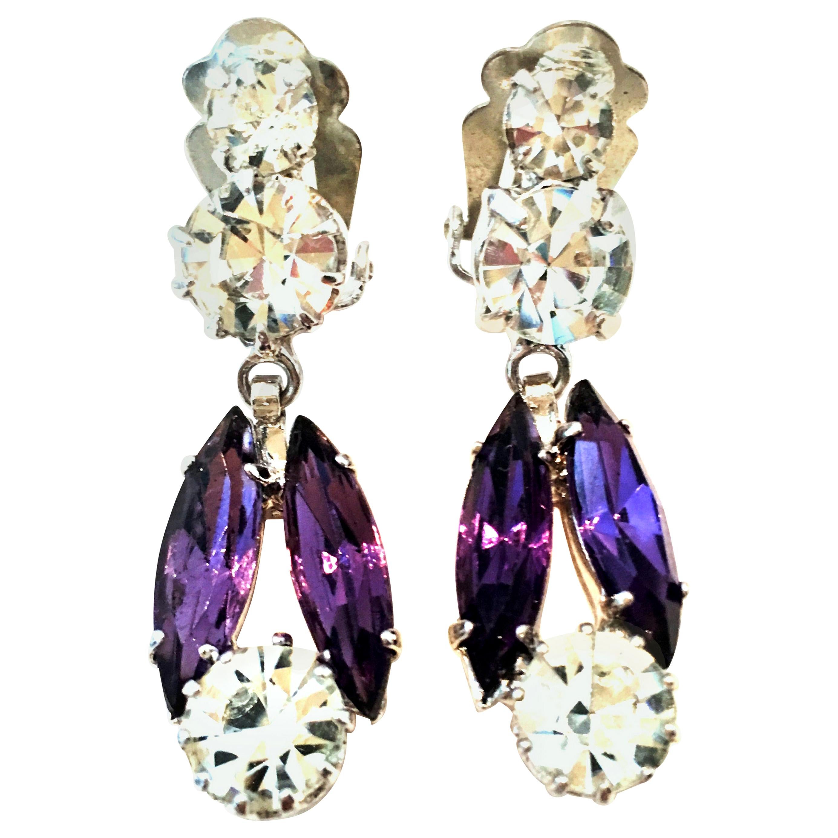 20th Century Pair Of Silver & Swarovski Amethyst Crystal Dangle Earrings For Sale