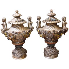 20th Century Pair of Silvered Bronze Urns Dating to 1930s