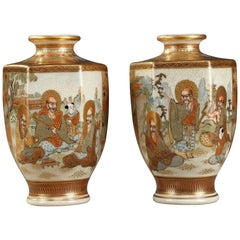 Antique 20th Century Pair of Small Porcelain Satsuma Vases