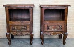 20th Century Pair of Solid Carved French Nightstands with Low Drawer