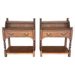 Antique 20th Century Pair of Solid Carved French Nightstands with Low Shelve and crest