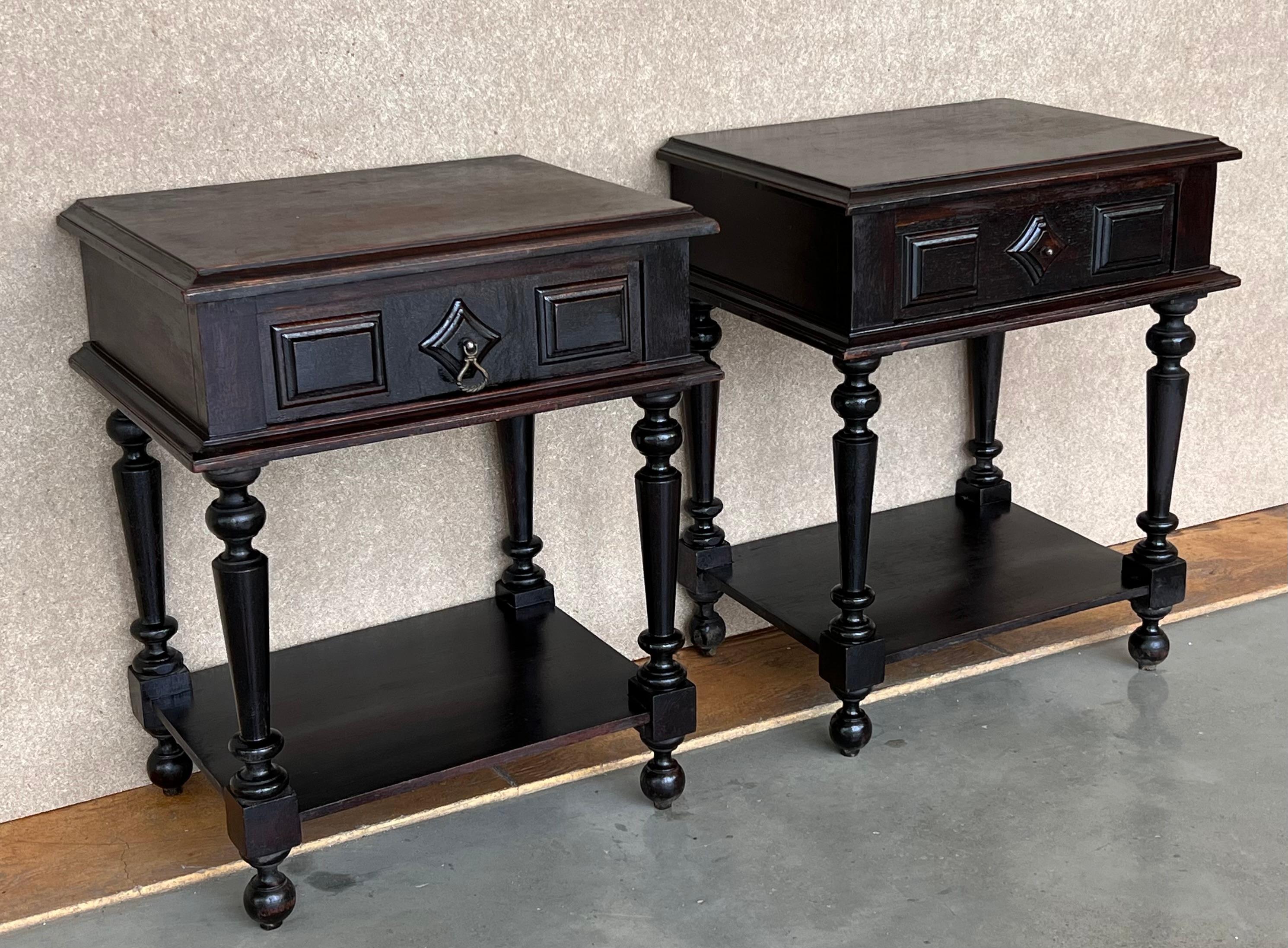 French Provincial 20th Century Pair of Solid Carved French Nightstands with Low Shelve For Sale