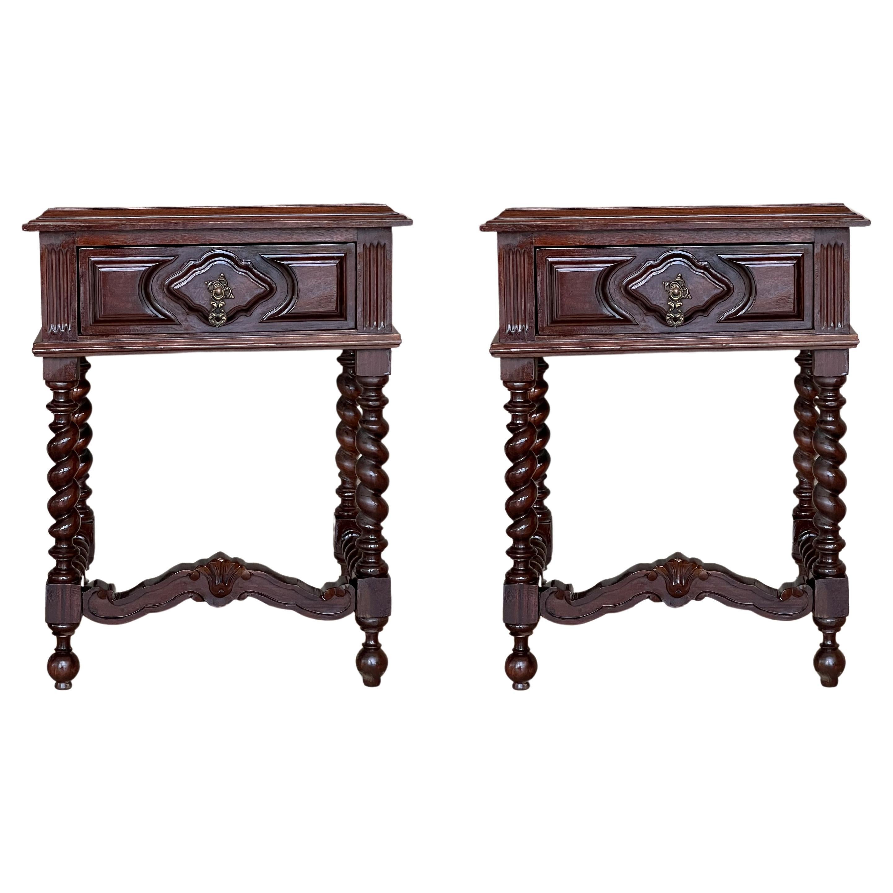 20th Century Pair of Solid Carved French Nightstands with Solomonic Columns