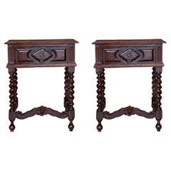 20th Century Pair of Solid Carved French Nightstands with Solomonic Columns